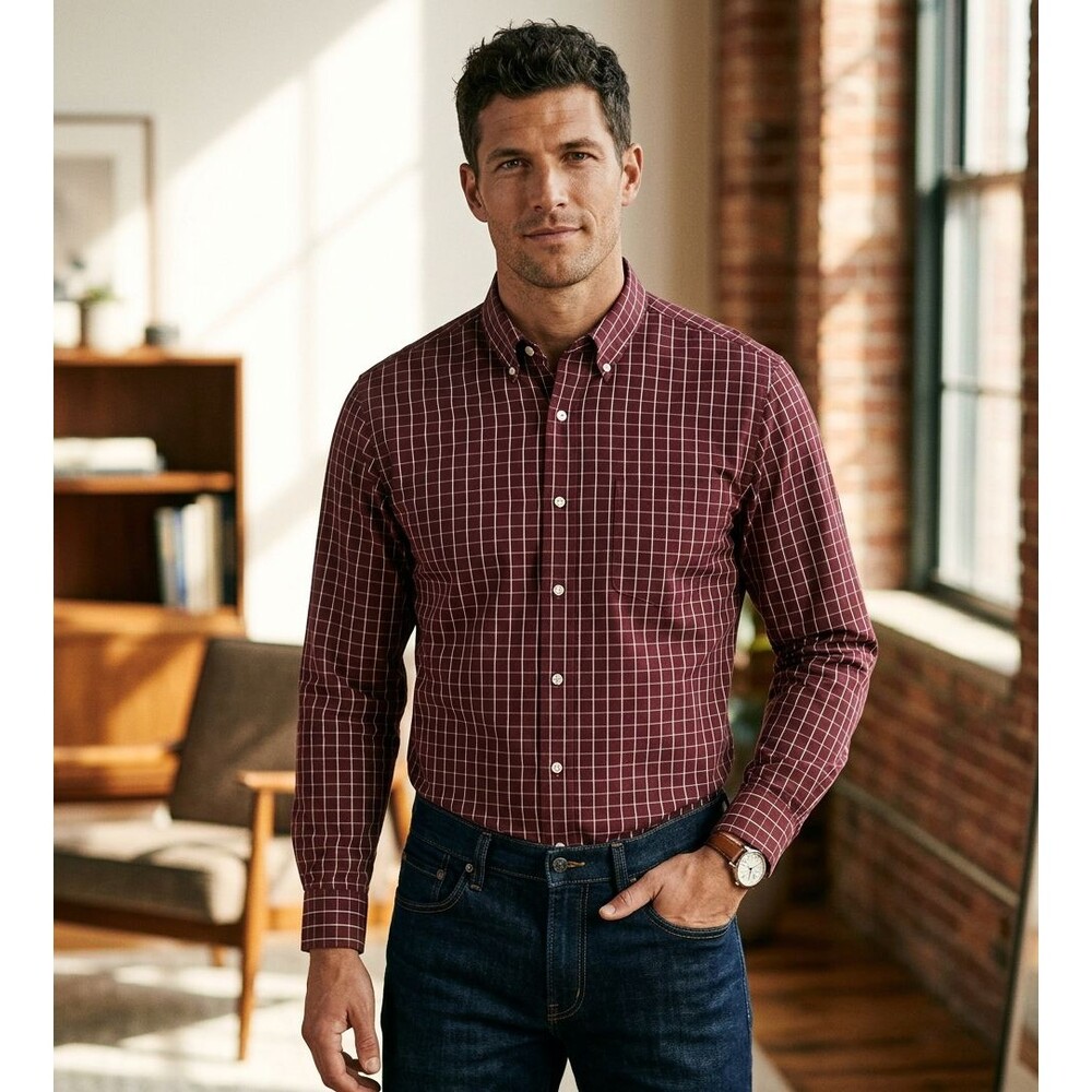 Eddie Bauer Shirt Mens XL Red Checked Button Up Long Sleeve 100% Cotton Casual